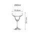 A clear glass Margarita glass with a capacity of 260ml and dimensions of 10.8cm wide by 16.1cm tall.