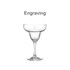 A clear glass margarita glass with a wide bowl and a tall stem. The glass features a logo.