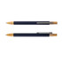 A set of two ergonomic metal pens, featuring a blue body and bamboo accents, with clips for easy carrying.