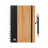 A bamboo and black notebook with a spiral binding, accompanied by a matching pen. The set features a logo.