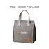 A grey minimalist lunch bag with a simple design, featuring handles and a logo on the front.