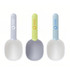 Three 2 in 1 pet food scoops in pale grey, lime green, and light blue, each with a logo on the handle.