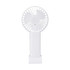A white handheld fan with a circular grille and a simple stand. It features a branding logo.