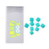 A rectangular pack of mints with a logo, accompanied by turquoise chewy mints scattered around it.