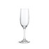 A clear, elegant wine glass with a tall stem and flared bowl. Features a simple design and has a logo.