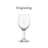 A clear wine glass with a stem, featuring a logo. It has a smooth, minimalist design.