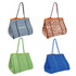 A collection of large neoprene beach tote bags in grey, green, blue, and patterned brown, featuring contrasting handles and a logo.