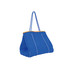 A large blue neoprene beach tote bag with patterned rope handles and orange trim. It features a logo.