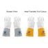 Heat resistant gloves in grey and white, and yellow and white, featuring different patterns and a logo on the yellow pair.