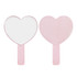 A heart-shaped handheld mirror in pink with a smooth handle, featuring a reflective surface on one side.