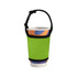 A drink bottle sleeve in vibrant green, featuring a black strap and designed to hold a disposable cup.