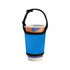 A drink bottle sleeve in bright blue, featuring a black strap, designed to fit a paper cup.