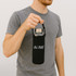 A drink bottle carrier pouch in black, featuring a handle and an attached logo, held by a person wearing a grey shirt.