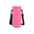A drink bottle carrier in bright pink with adjustable black straps and a textured surface. It has a logo on the side.