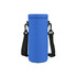 A drink bottle carrier in bright blue with black straps and clips for easy carrying. It features a logo.