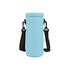 A drink bottle carrier in light blue with black adjustable straps and a branding logo.