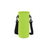 A drink bottle carrier in bright green with adjustable black straps for easy transport. Features a simple design.