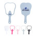A tooth-shaped face mirror in grey, pink, white, and black, featuring a logo on the back.