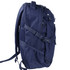A navy blue backpack with multiple pockets, straps, and a mesh side pocket, featuring a logo.
