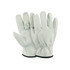 Light grey leather work gloves with elasticised wrist and a smooth finish, featuring a branding logo.