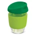 A drink bottle featuring a clear borosilicate glass body with a green silicone grip and lid.