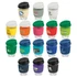 A collection of reusable coffee cups in various colours, featuring different logos and a borosilicate construction.