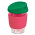 A drink bottle with a clear body, pink silicone sleeve, and a green lid, designed as a reusable coffee cup.