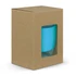 A drink bottle in a transparent box, featuring a blue borosilicate glass design. The packaging is brown and plain.