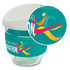 A drink bottle featuring a clear borosilicate glass body, a teal silicone sleeve, and a white lid with a logo.