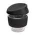A drink bottle made of clear borosilicate glass with a black silicone lid and sleeve, featuring a branding logo.