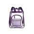 A transparent purple backpack with dual straps and a front pocket. It features a logo on the front.