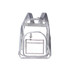 A heavy duty transparent backpack with grey straps and a front pocket, featuring a logo.