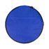 A round blue duffle bag with a black zip and a logo on the side.