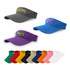 A collection of sport visors in various colours, including grey, purple, and more, featuring logos on some.