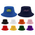 Custom cotton bucket hats in various colours, including blue, black, white, orange, pink, yellow, green, and purple, some with logos.