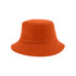 An orange custom cotton bucket hat with a wide brim and a structured top. It features a logo.