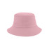 A pink cotton bucket hat with a soft, structured design and a wide brim. It features a logo on the side.