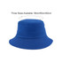 A blue cotton bucket hat with a round top and wide brim, featuring a logo and available in three sizes.