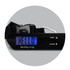 A travel luggage scale in black with a blue LCD display and a digital readout, featuring a strap and a clip.