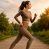 A woman running outdoors in khaki high-waisted leggings and a matching long-sleeve top.