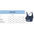 A navy blue women's cross back yoga crop bra tank with adjustable straps and a size chart.