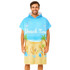 A blue and tan 100% cotton hoody towel surf poncho with a beach design and a logo.