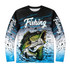 A long-sleeved fishing shirt featuring a vibrant graphic of a fish, predominantly black, blue, and white colours, with a logo.