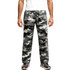 Breathable quick-drying fishing pants in a grey camouflage pattern, featuring an elastic waistband and logo branding.