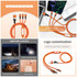 A vibrant orange 6-in-1 charging cable with multiple connectors, featuring a logo and various application scenarios displayed.
