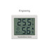 A digital temperature and humidity thermometer with a white frame displaying temperature and humidity readings.