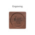 A square wooden coaster with a circular centre, featuring a dark wood finish and an engraved design.