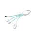 A turquoise macaron-shaped charging cable with three connectors and a keyring attachment.