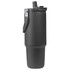 A drink bottle in matte black with a flip top and a carrying handle, featuring a logo.