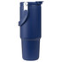 A drink bottle in navy blue with a silver clasp, featuring a textured surface and a secure lid.